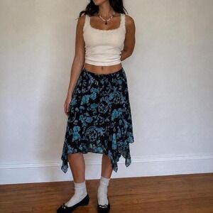 Vintage Flowy Asymmetrical Chiffon Midi Skirt Black Teal Women M Boho Fairy Y2K